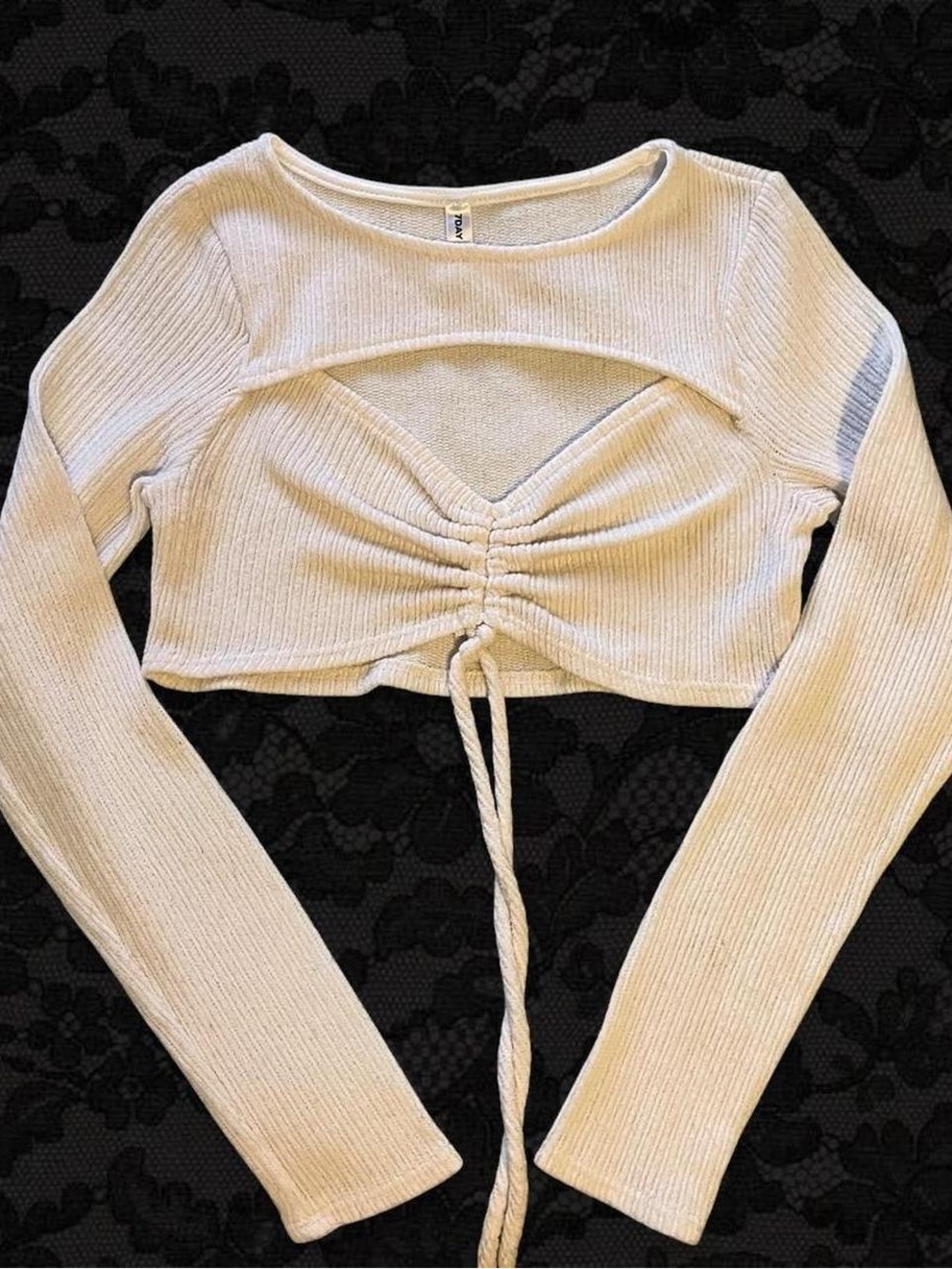Cream Ribbed Drawstring Long Sleeve Crop Top